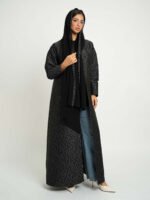 ⁦عباية الجاكار نص كلوش أسود مع رمادي⁩ - الصورة ⁦7⁩