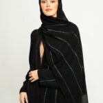 عباية نص كلوش خطوط السلسلة أسود مع أزرق