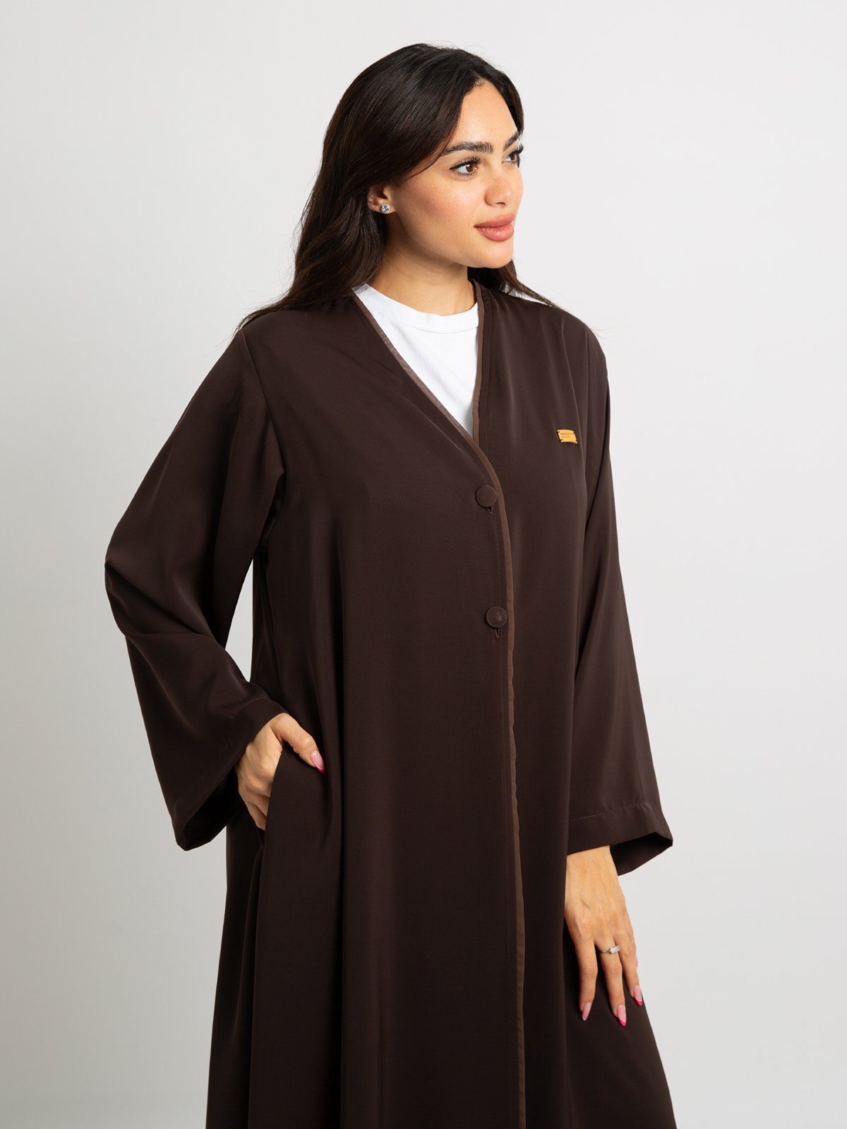 28003fw258saplbr-brown-executive-abaya-half-cloche-a-cut-long-closed-abaya-in-crepe-fabric-2-base_1.jpg العباية التنفيذية بني - الصورة 1