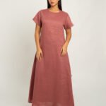فستان بأكمام قصيرة الكتان وردي باهت