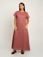 فستان بأكمام قصيرة الكتان وردي باهت