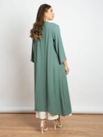 ⁦عباية أوربان ميدي مفتوحة بقماش كريب - فستقي مع وردي⁩ - الصورة ⁦5⁩