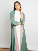 ⁦عباية أوربان ميدي مفتوحة بقماش كريب - فستقي مع وردي⁩ - الصورة ⁦4⁩